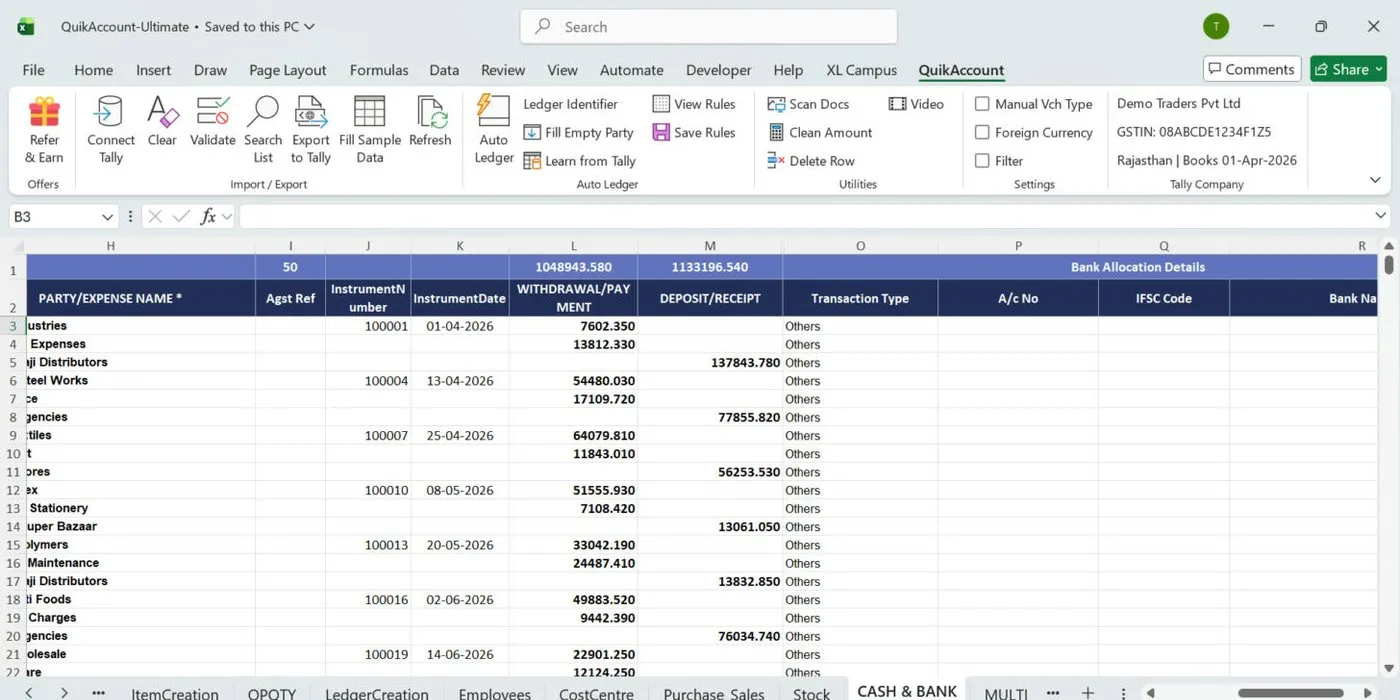 CASH & BANK sheet with instrument number, withdrawal and deposit columns and totals in row 1
