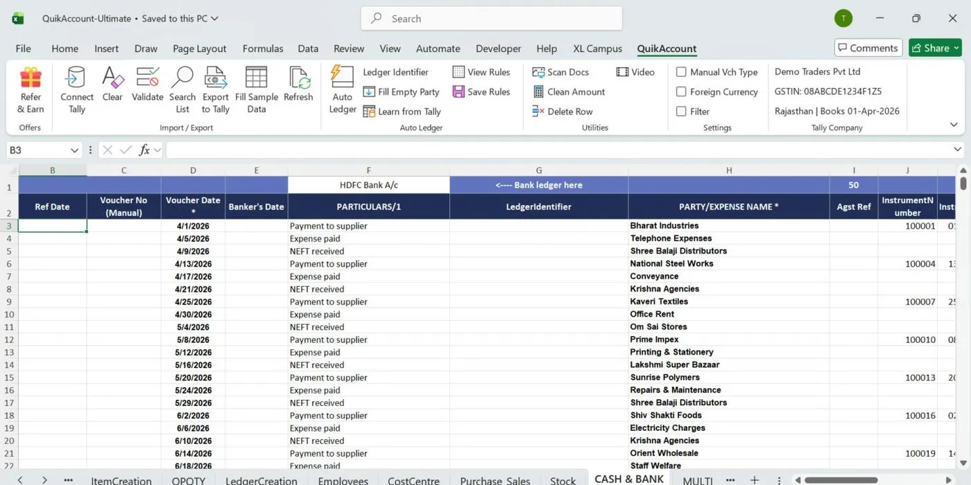 Bank statement rows in the CASH & BANK sheet with party and expense ledgers filled by Auto Ledger