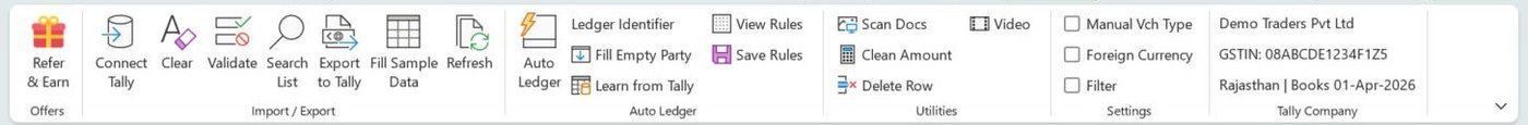 CASH & BANK ribbon with Auto Ledger, Learn from Tally and Save Rules