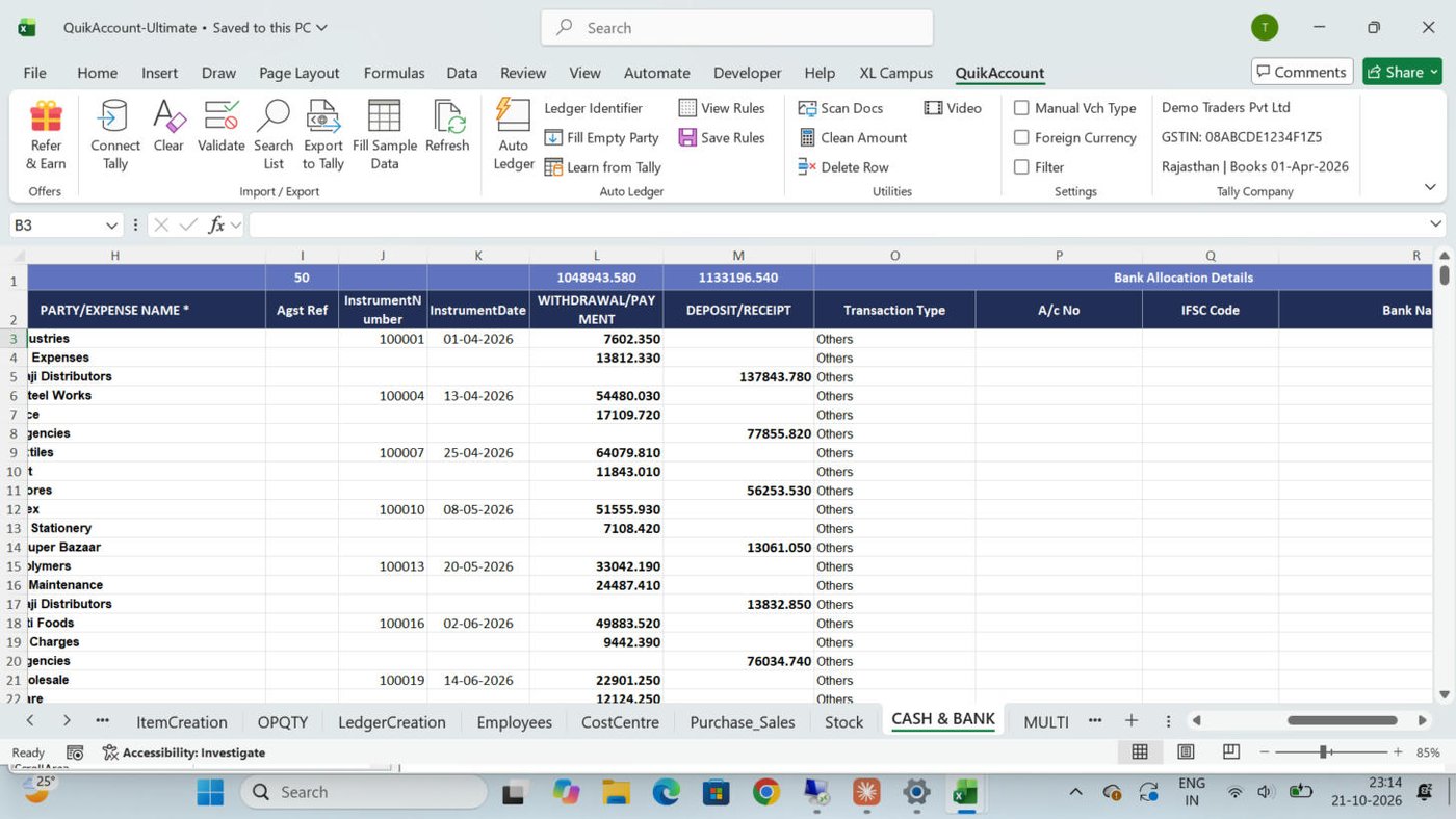 Bank statement pasted in the CASH & BANK sheet