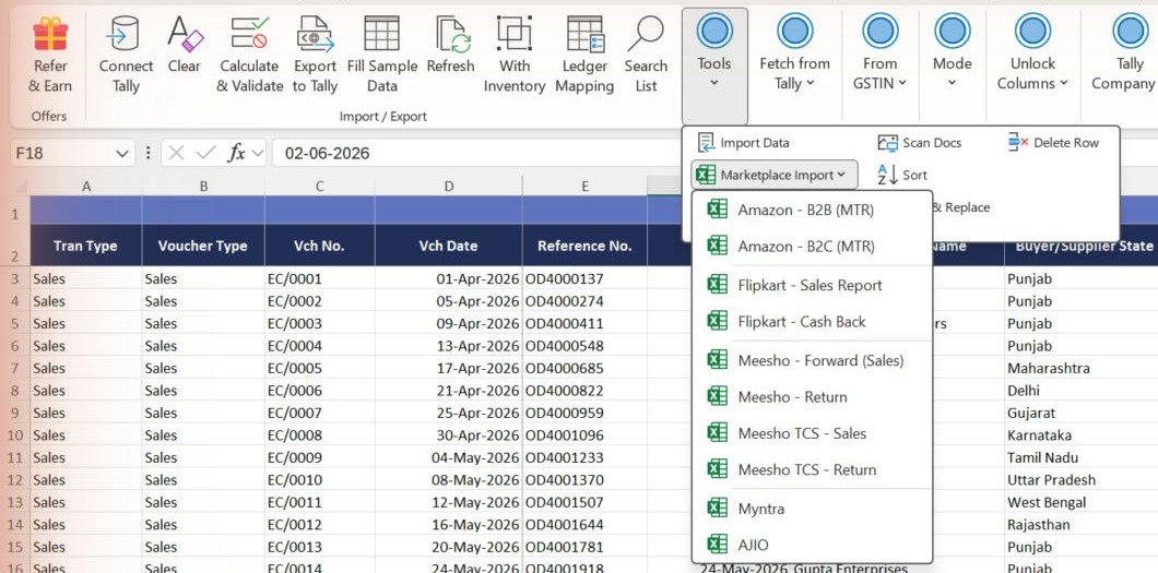E-Com Tools menu with Marketplace Import options