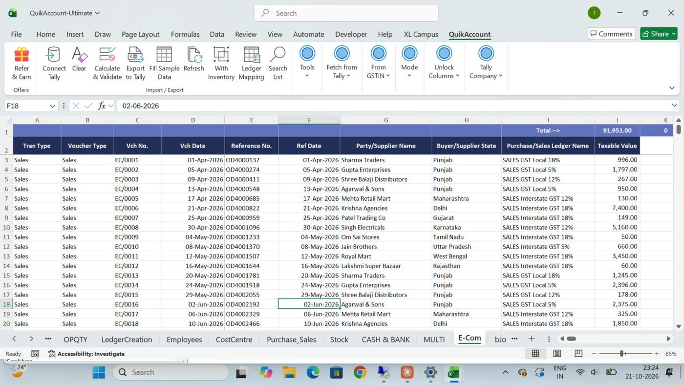 E-Com sheet with marketplace sales and mapped ledgers