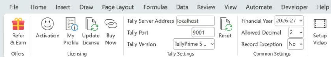 QuikAccount Registration ribbon with Activation, Tally Settings and Financial Year