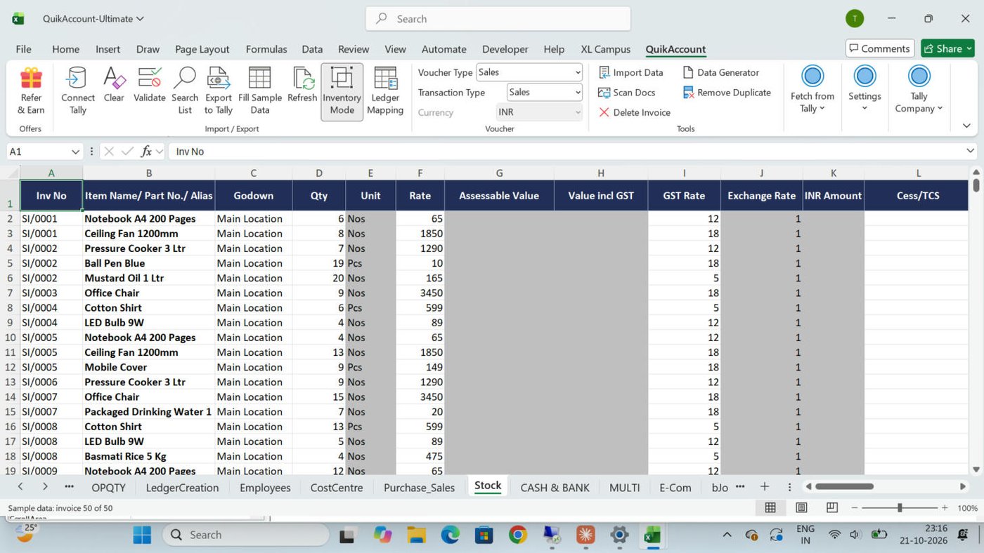 Stock sheet with item lines linked by invoice number