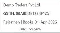 Tally Company box showing company name, GSTIN, state and books start date